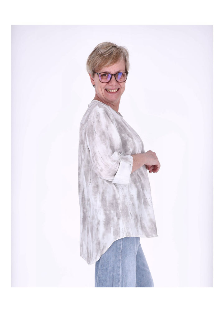 Blusenshirt Damen Krempelarm AOP kurze Knopfleiste