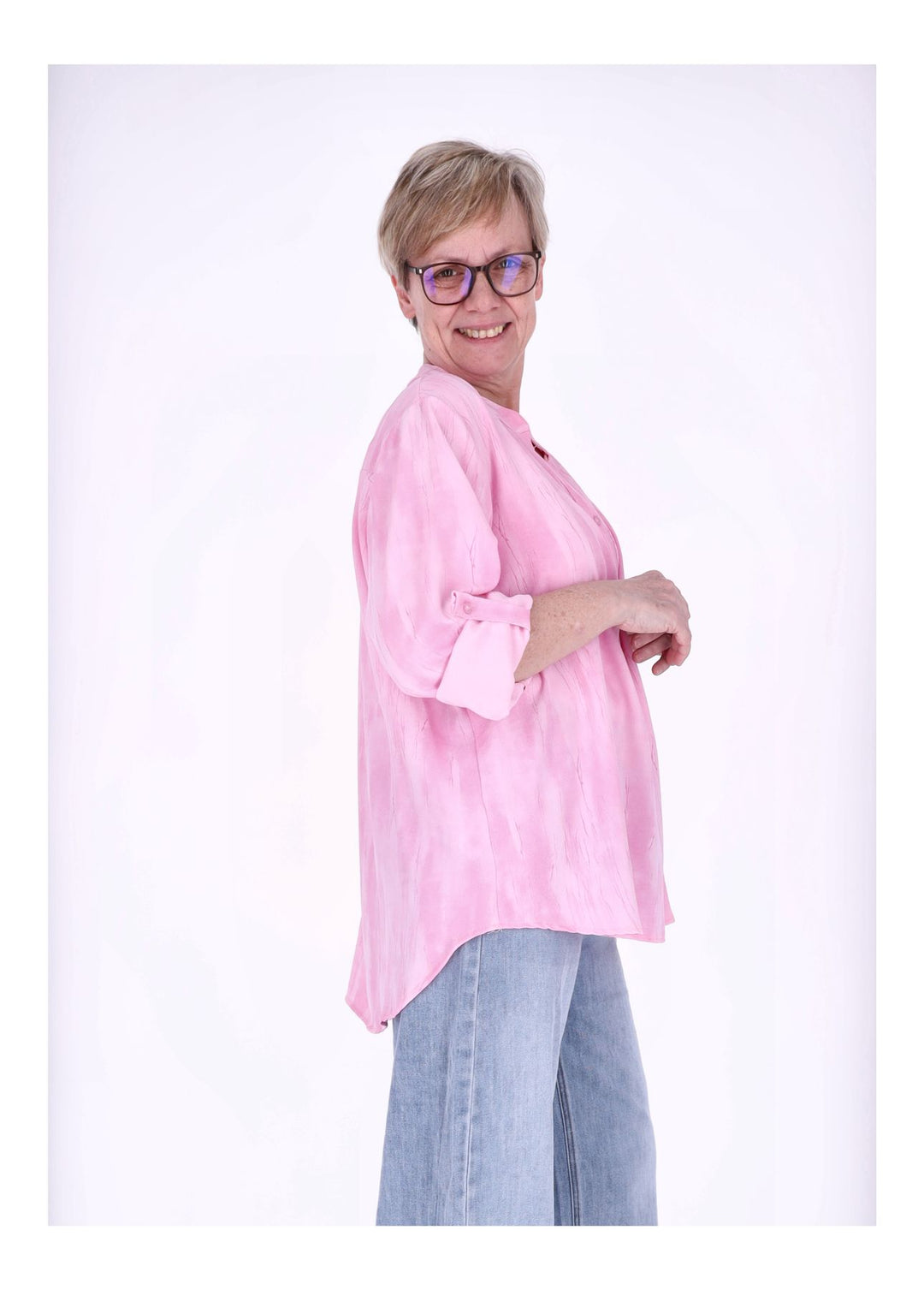 Blusenshirt Damen Krempelarm AOP kurze Knopfleiste