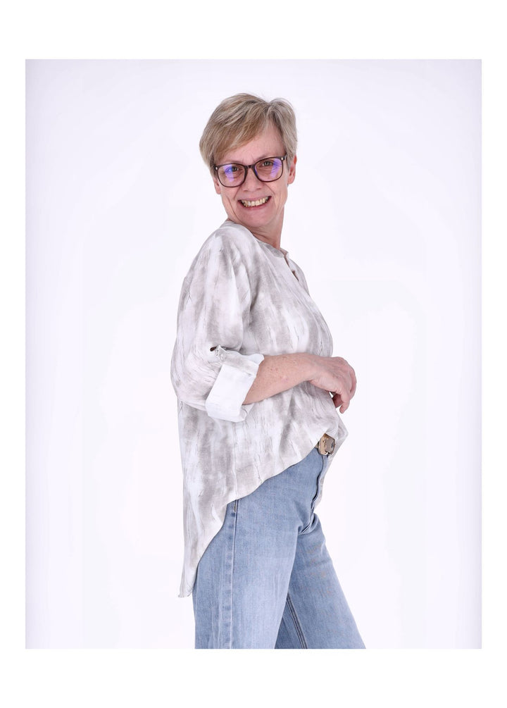 Blusenshirt Damen Krempelarm AOP kurze Knopfleiste