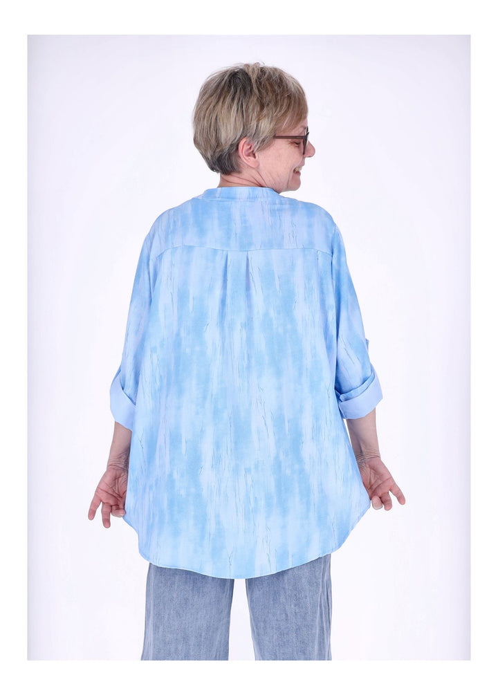 Blusenshirt Damen Krempelarm AOP kurze Knopfleiste