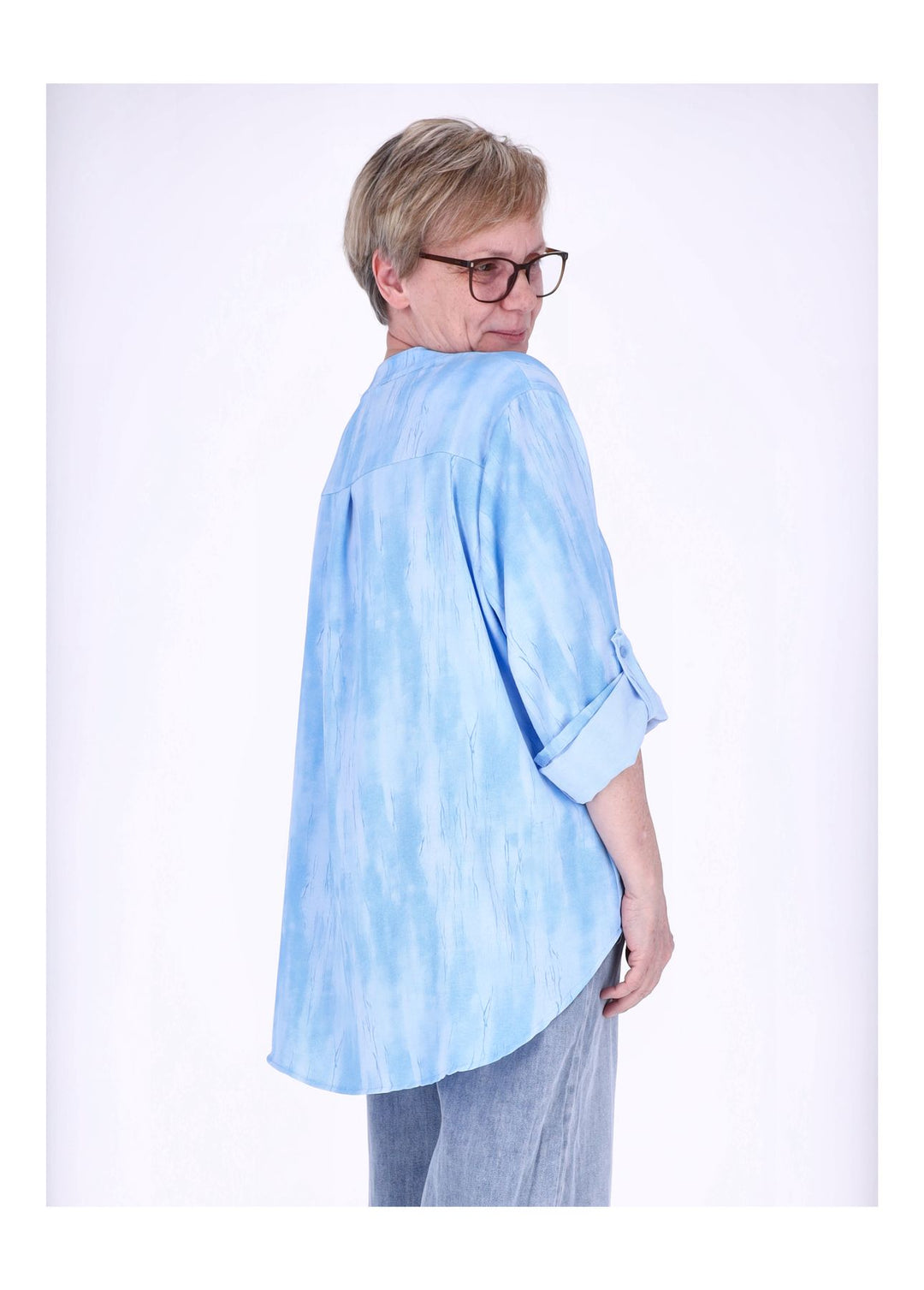 Blusenshirt Damen Krempelarm AOP kurze Knopfleiste