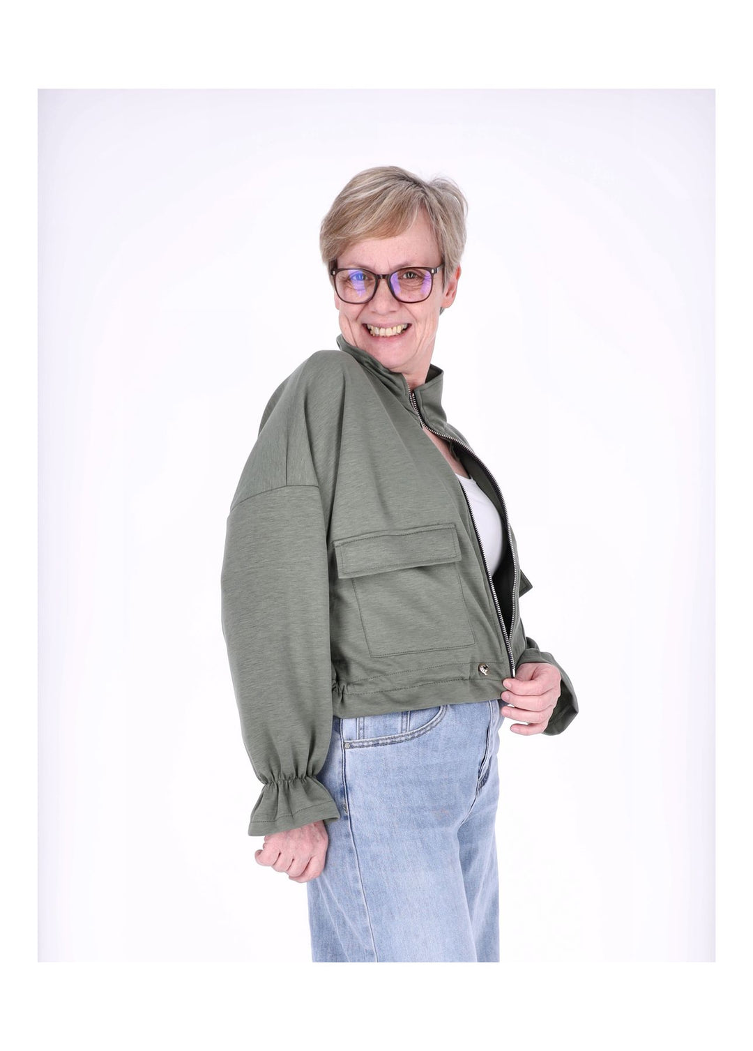 Jacke Damen Sweat Tunnelzug aufgesetzte Taschen kurz