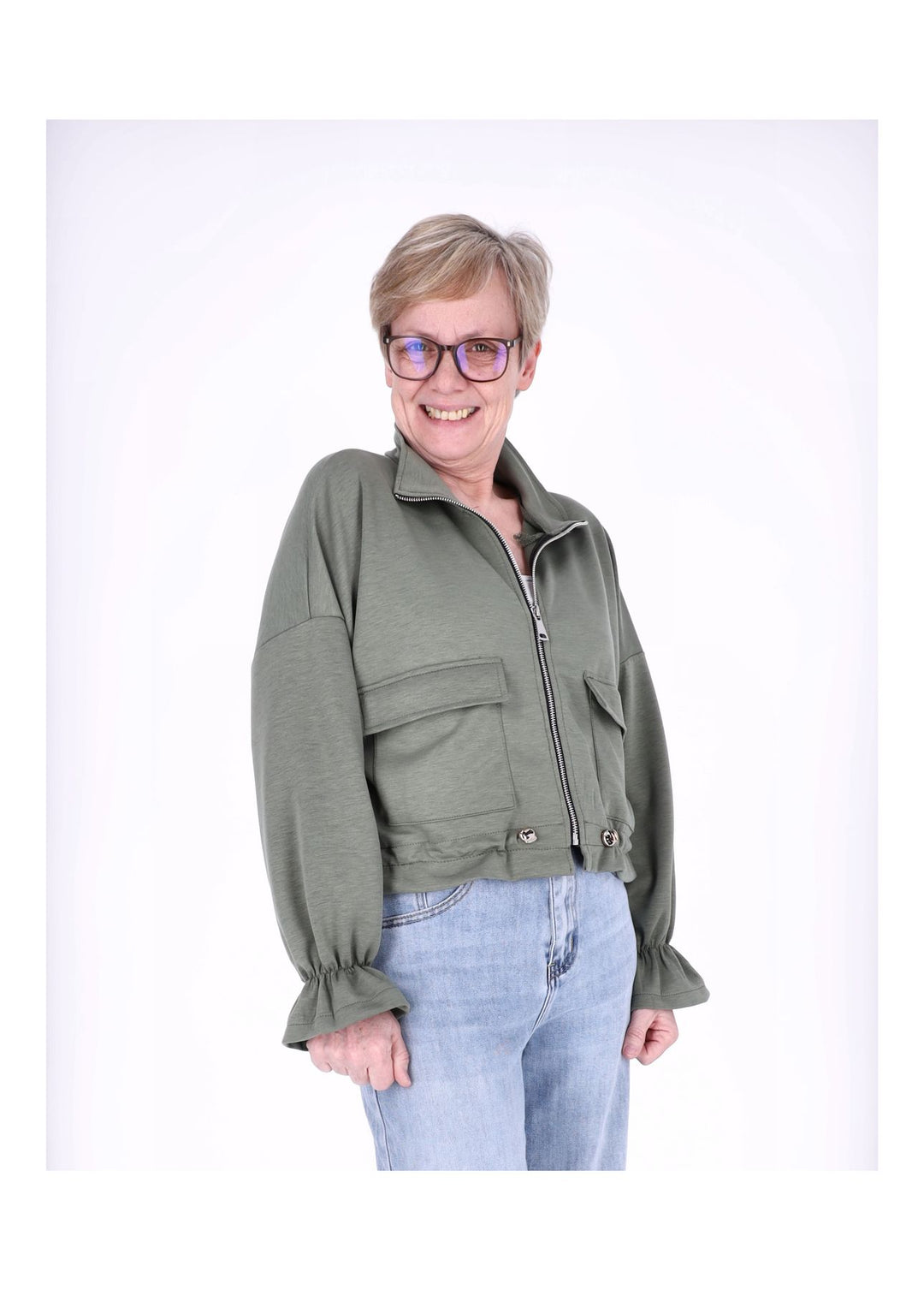 Jacke Damen Sweat Tunnelzug aufgesetzte Taschen kurz