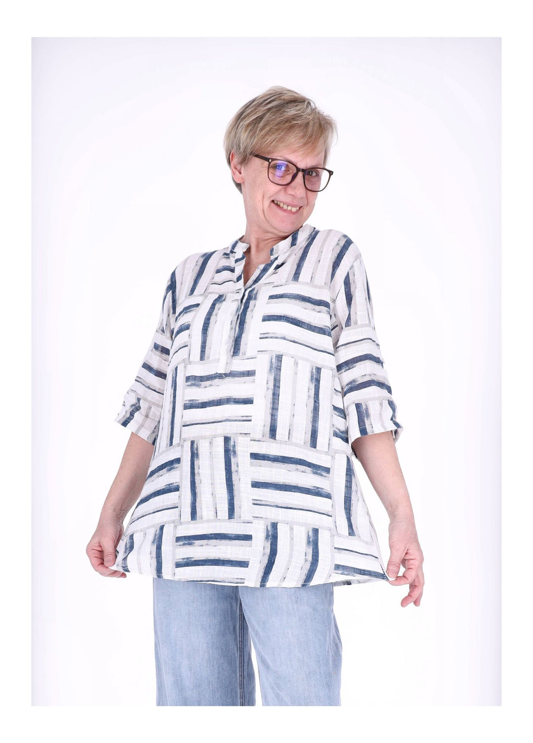 Blusenshirt Damen 3/4 Krempelarm AOP Streifen