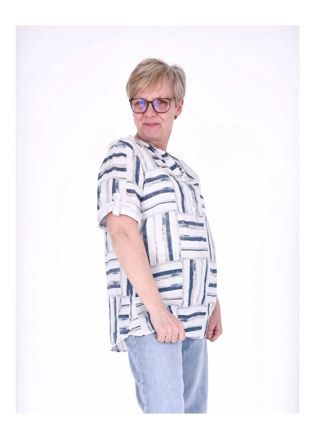 Blusenshirt Damen 3/4 Krempelarm AOP Streifen