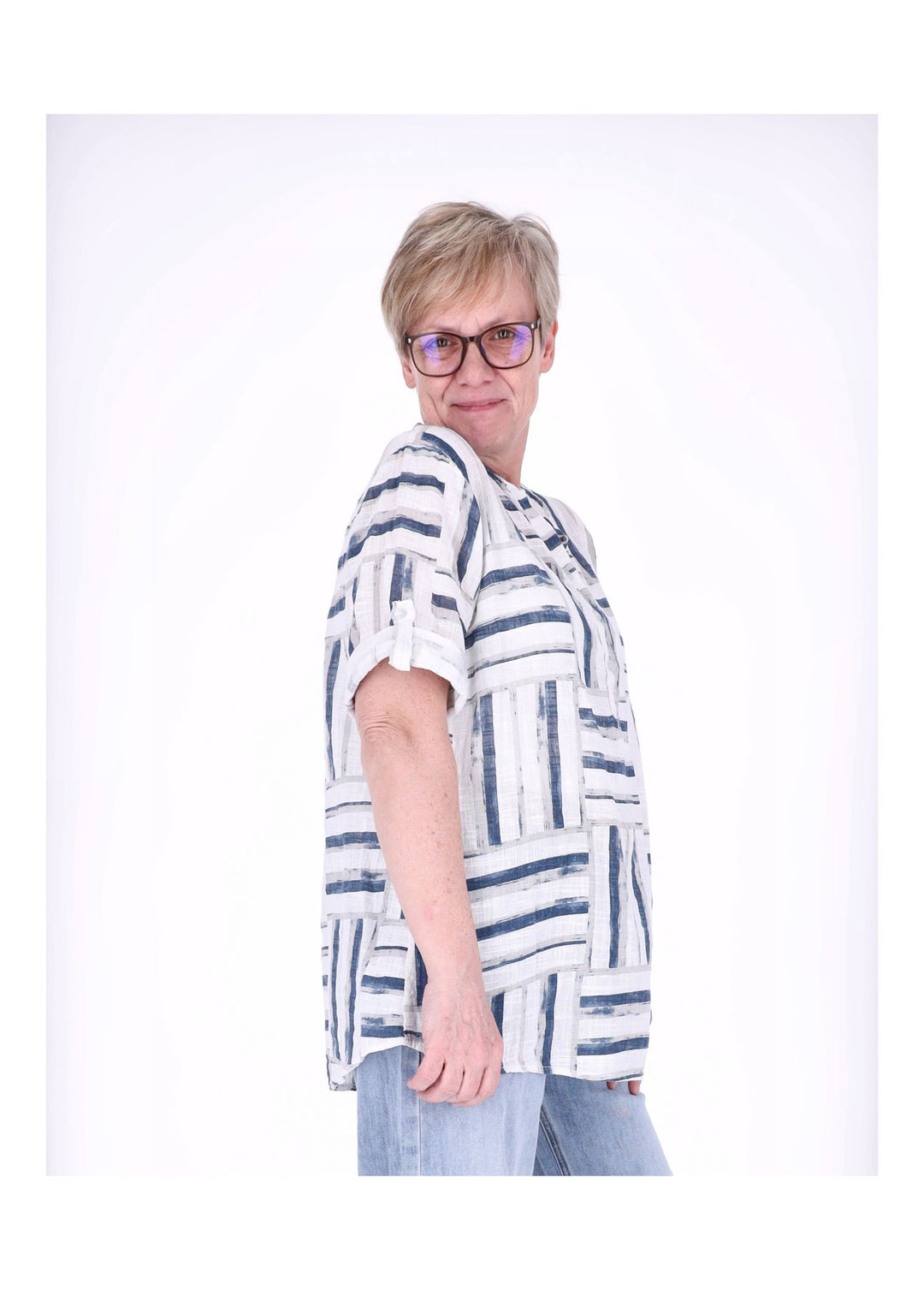 Blusenshirt Damen 3/4 Krempelarm AOP Streifen