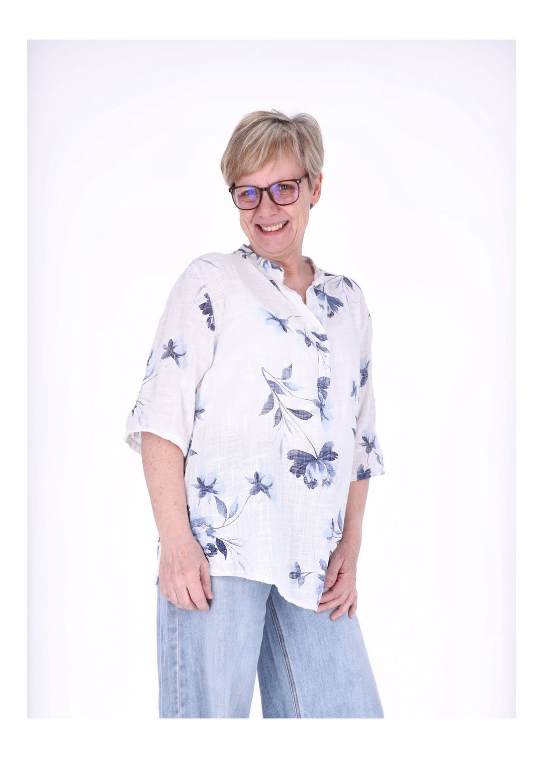 Blusenshirt Damen 3/4 Krempelarm AOP Rosen