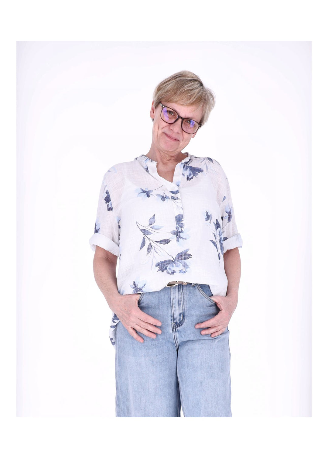 Blusenshirt Damen 3/4 Krempelarm AOP Rosen