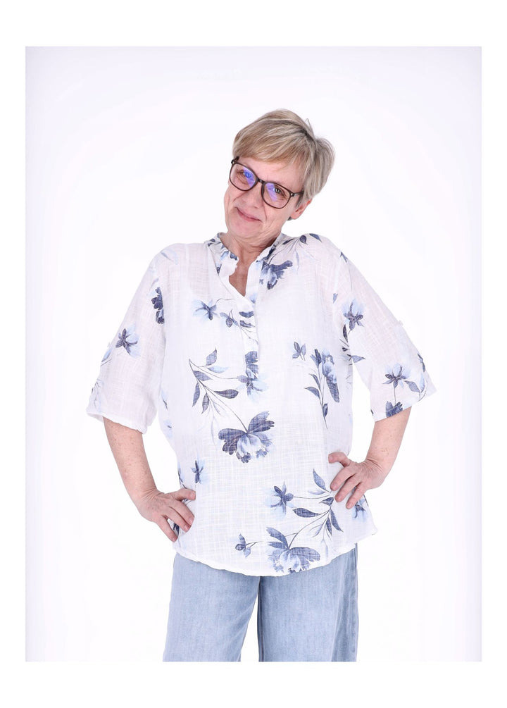 Blusenshirt Damen 3/4 Krempelarm AOP Rosen