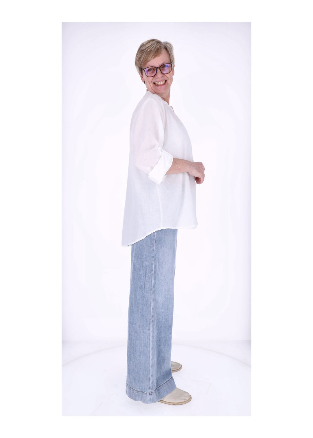 Blusenshirt Damen Struktur Krempelarm kurze Knopfleiste