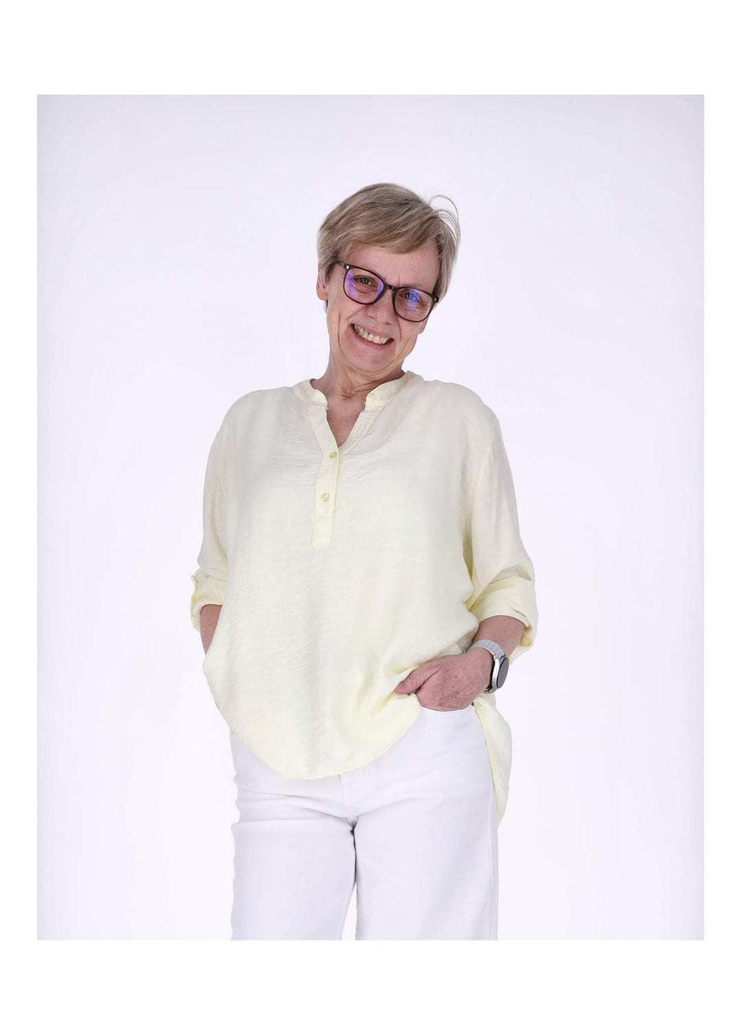 Blusenshirt Damen Krempelarm Viskose kurze Knopfleiste