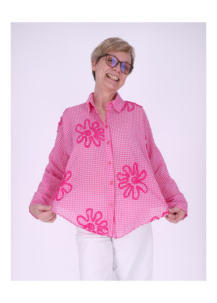 Bluse Damen 1/2 Arm Karo aufgenähte Blüten