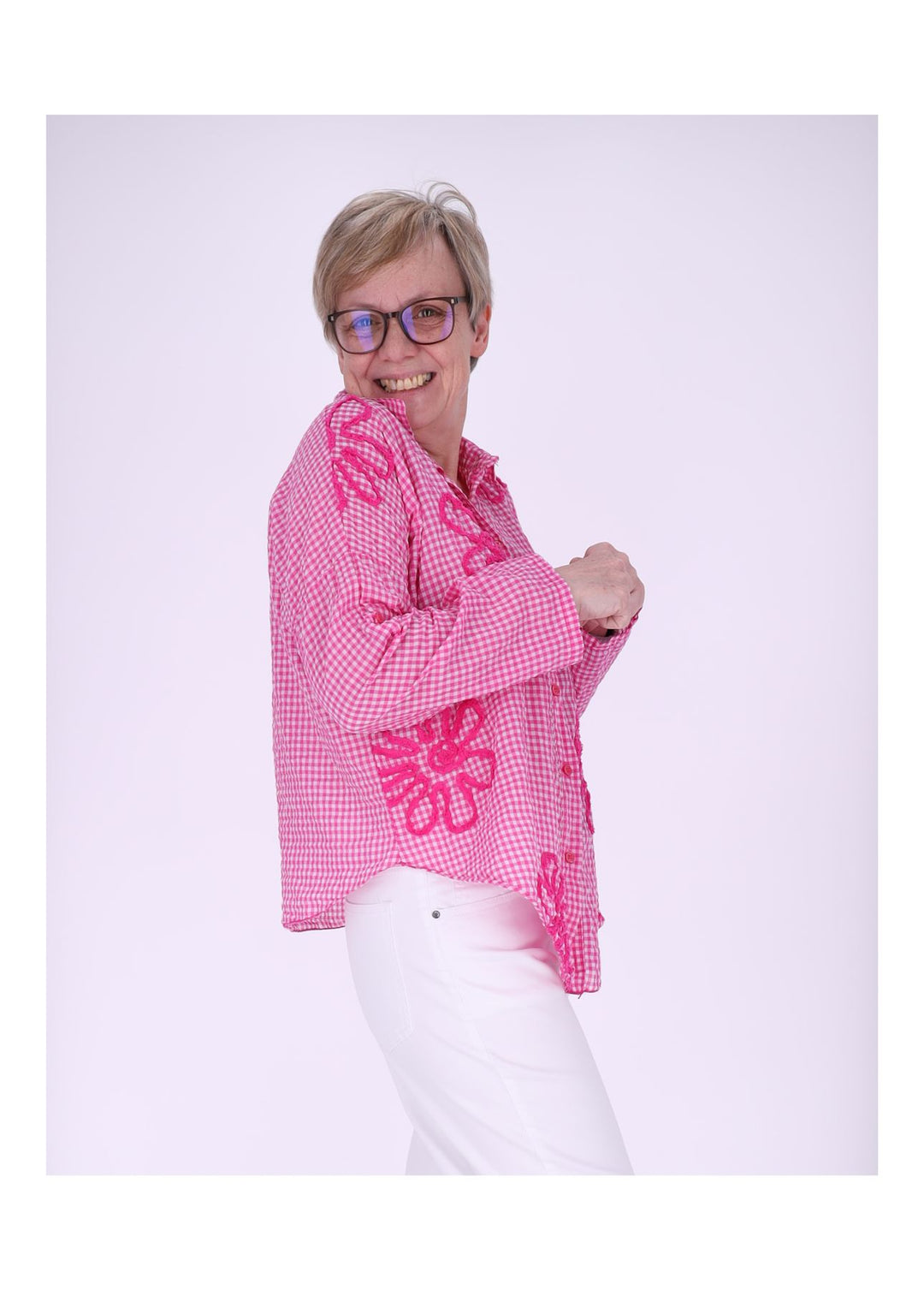 Bluse Damen 1/2 Arm Karo aufgenähte Blüten