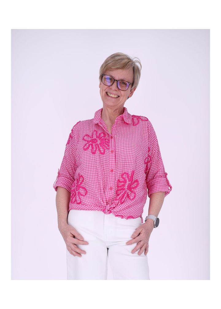 Bluse Damen 1/2 Arm Karo aufgenähte Blüten