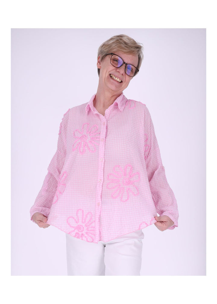 Bluse Damen 1/2 Arm Karo aufgenähte Blüten