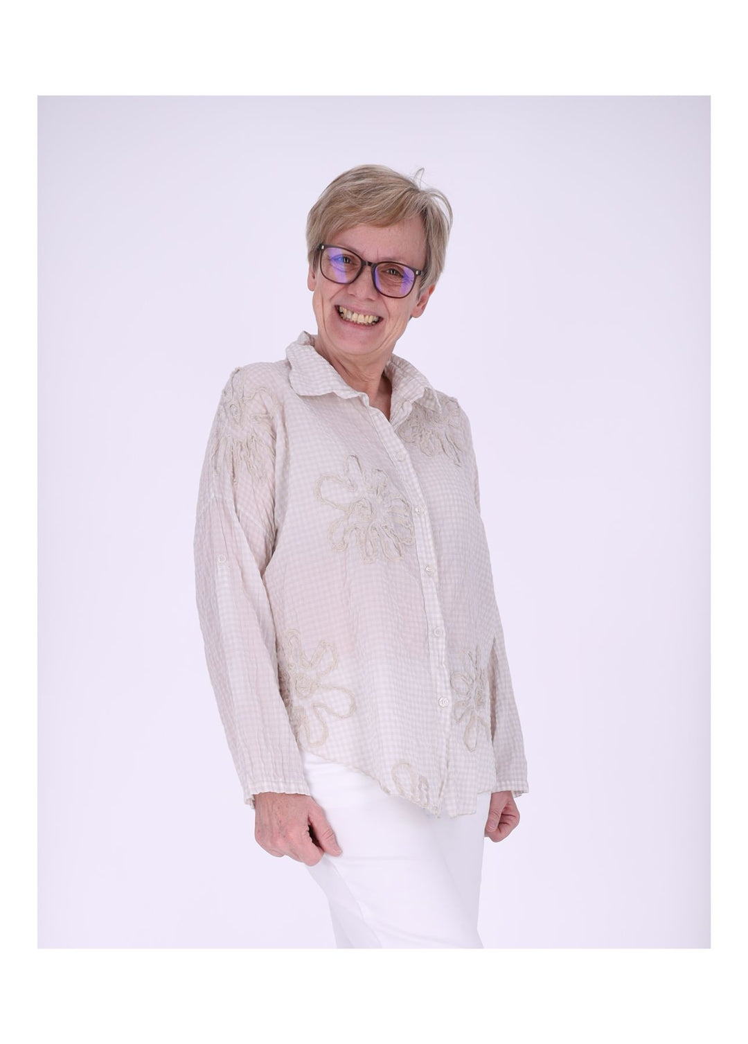 Bluse Damen 1/2 Arm Karo aufgenähte Blüten