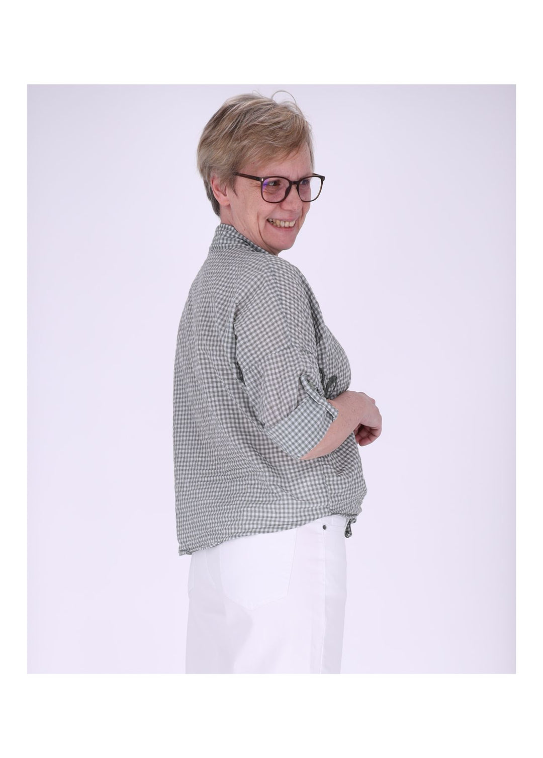 Bluse Damen 1/2 Arm Karo aufgenähte Blüten