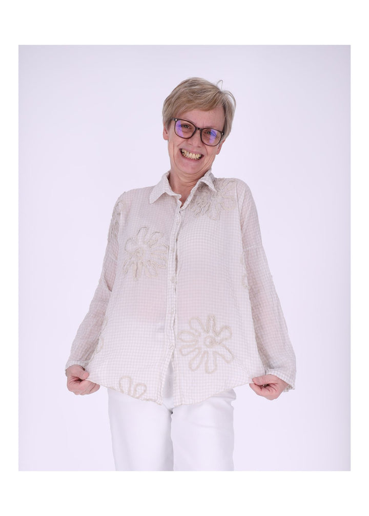 Bluse Damen 1/2 Arm Karo aufgenähte Blüten