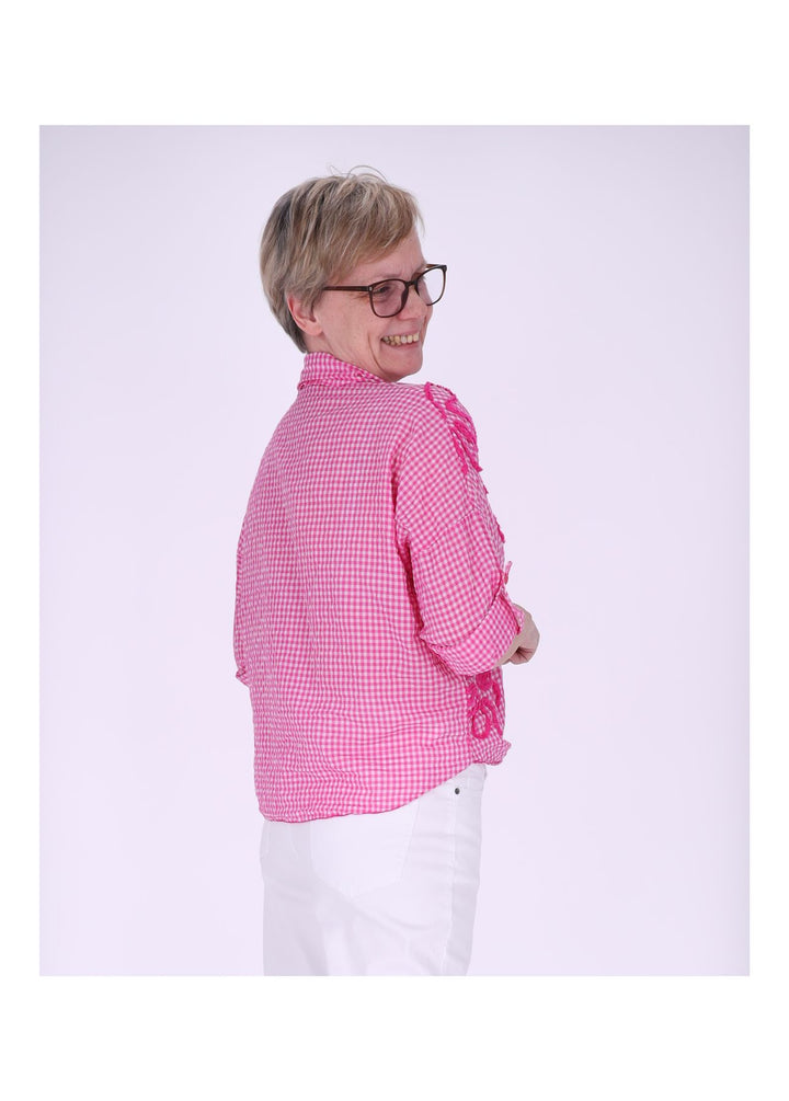 Bluse Damen 1/2 Arm Karo aufgenähte Blüten