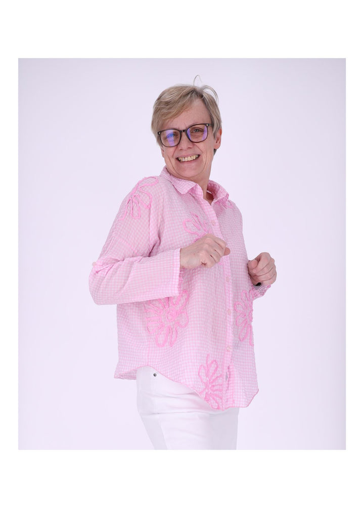 Bluse Damen 1/2 Arm Karo aufgenähte Blüten