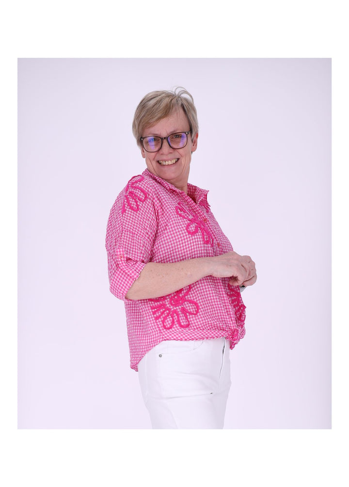 Bluse Damen 1/2 Arm Karo aufgenähte Blüten