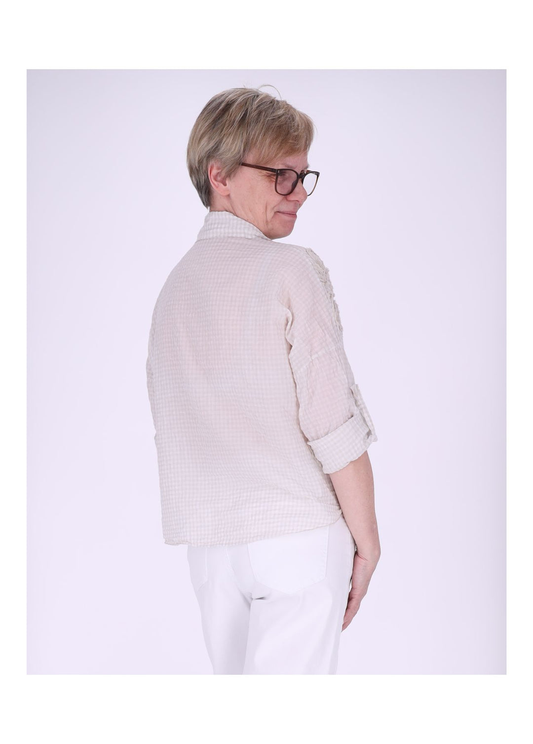 Bluse Damen 1/2 Arm Karo aufgenähte Blüten