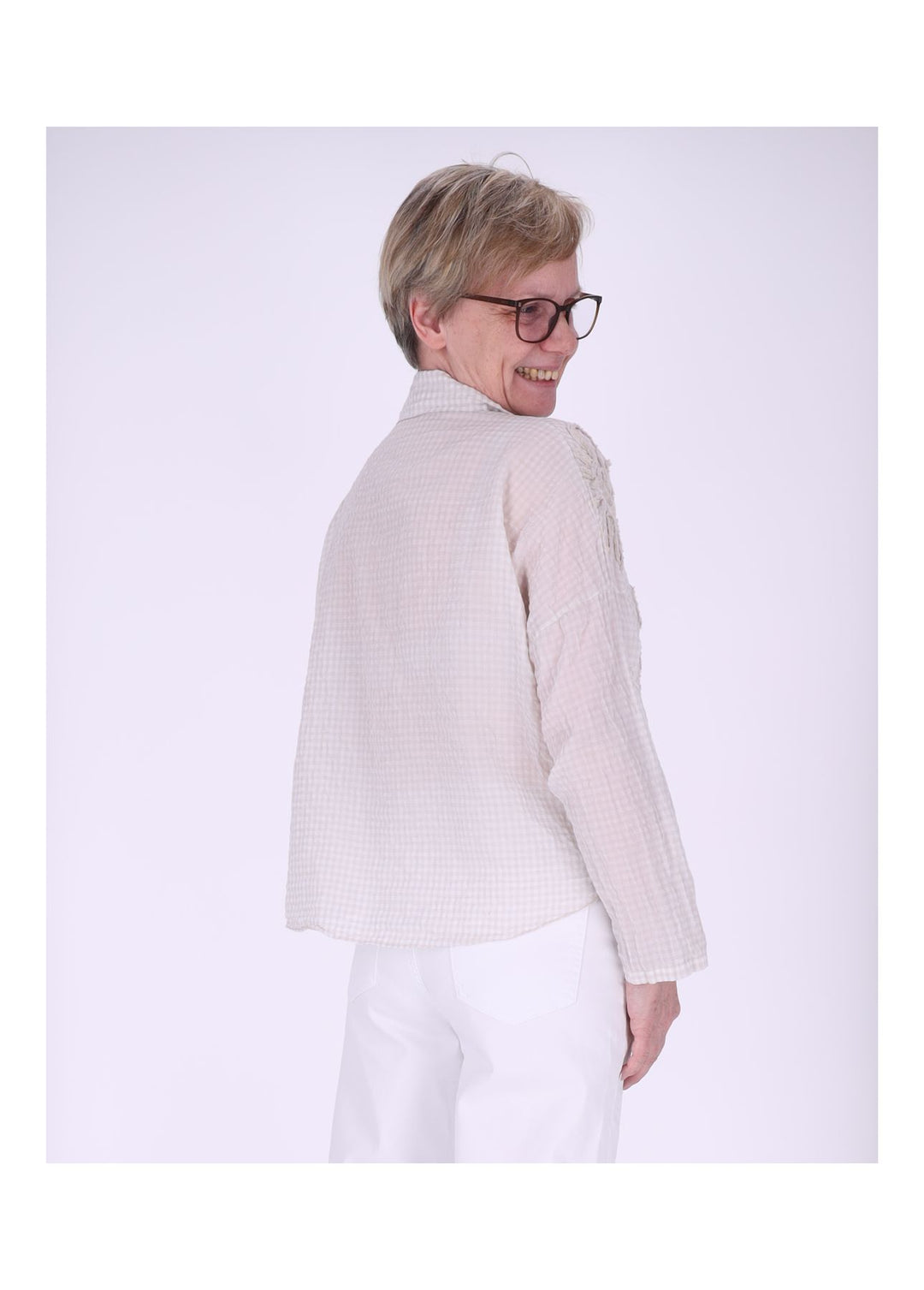 Bluse Damen 1/2 Arm Karo aufgenähte Blüten