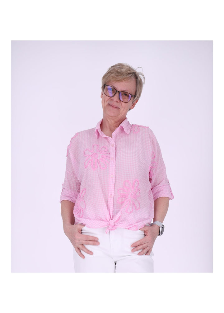 Bluse Damen 1/2 Arm Karo aufgenähte Blüten