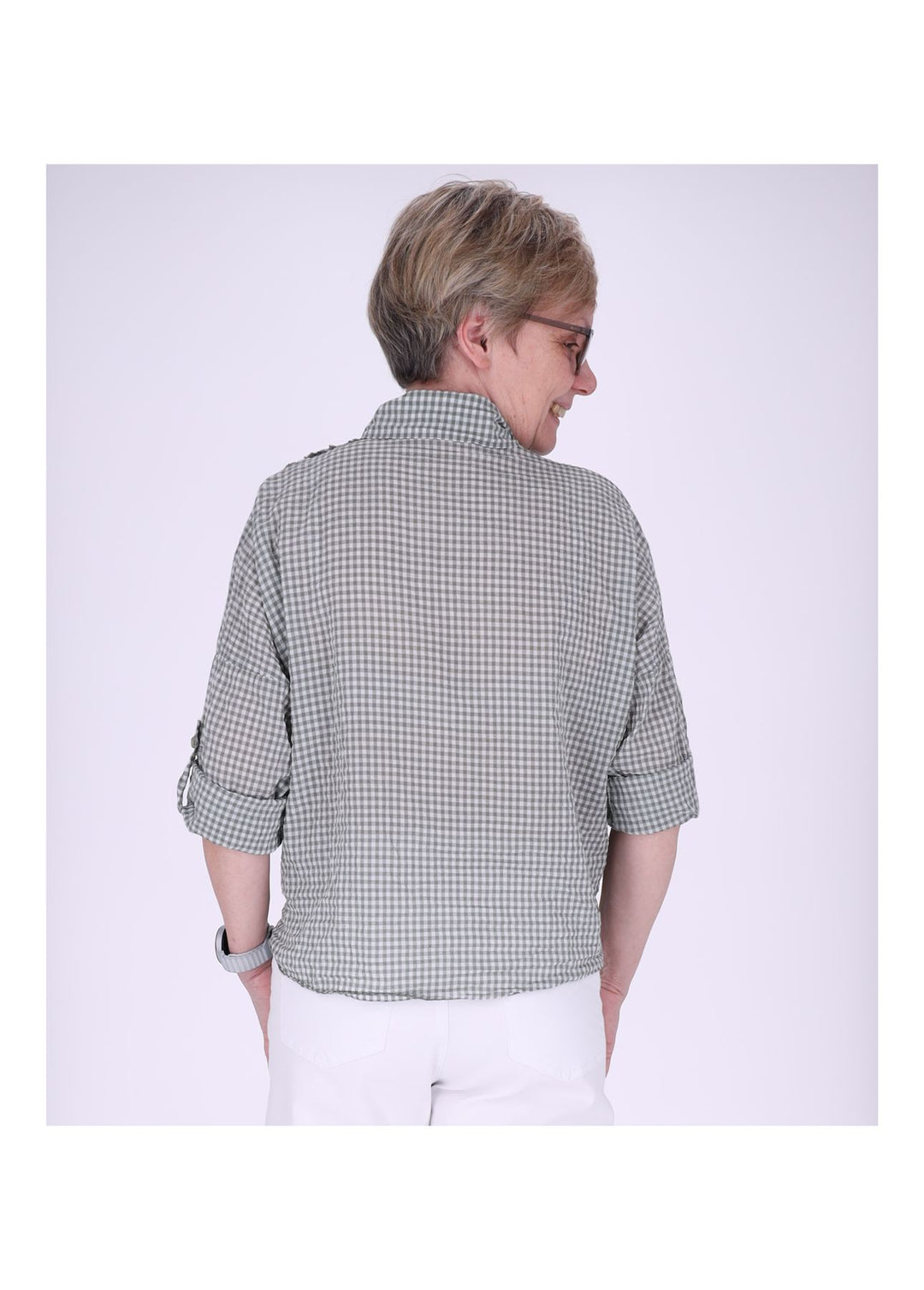 Bluse Damen 1/2 Arm Karo aufgenähte Blüten