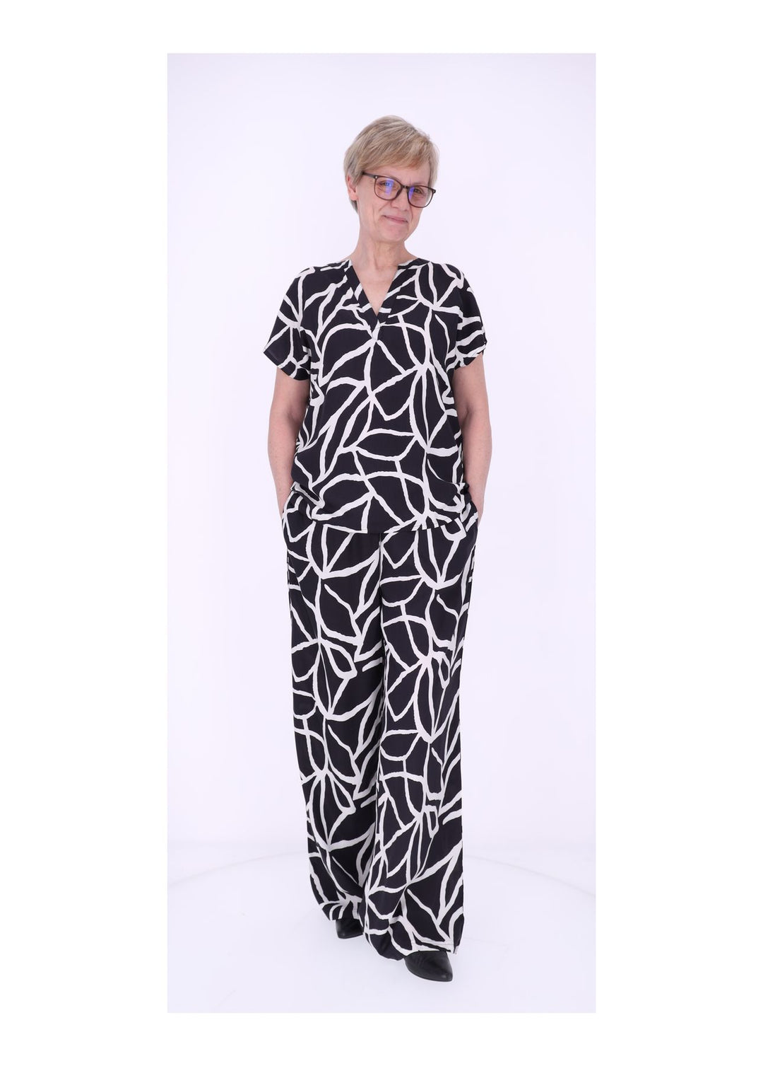 Tunicashirt Damen Alloverdruck Schwarz