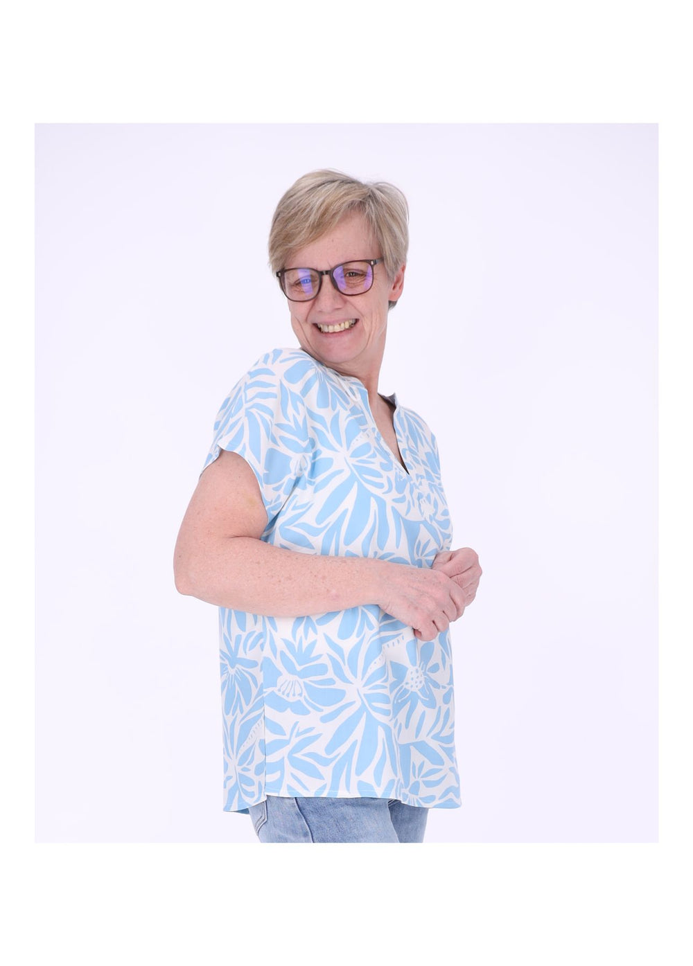Tunicashirt Damen Blumen Blätter airy blue