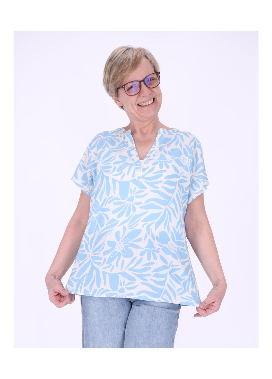 Tunicashirt Damen Blumen Blätter airy blue