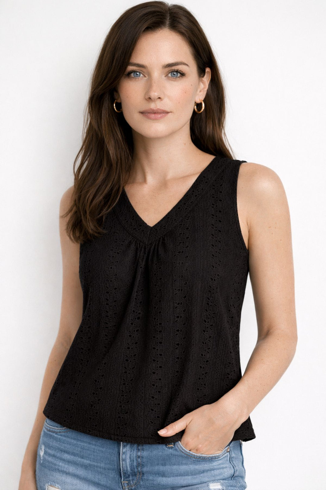 Top Damen V-Ausschnitt Gerafft black