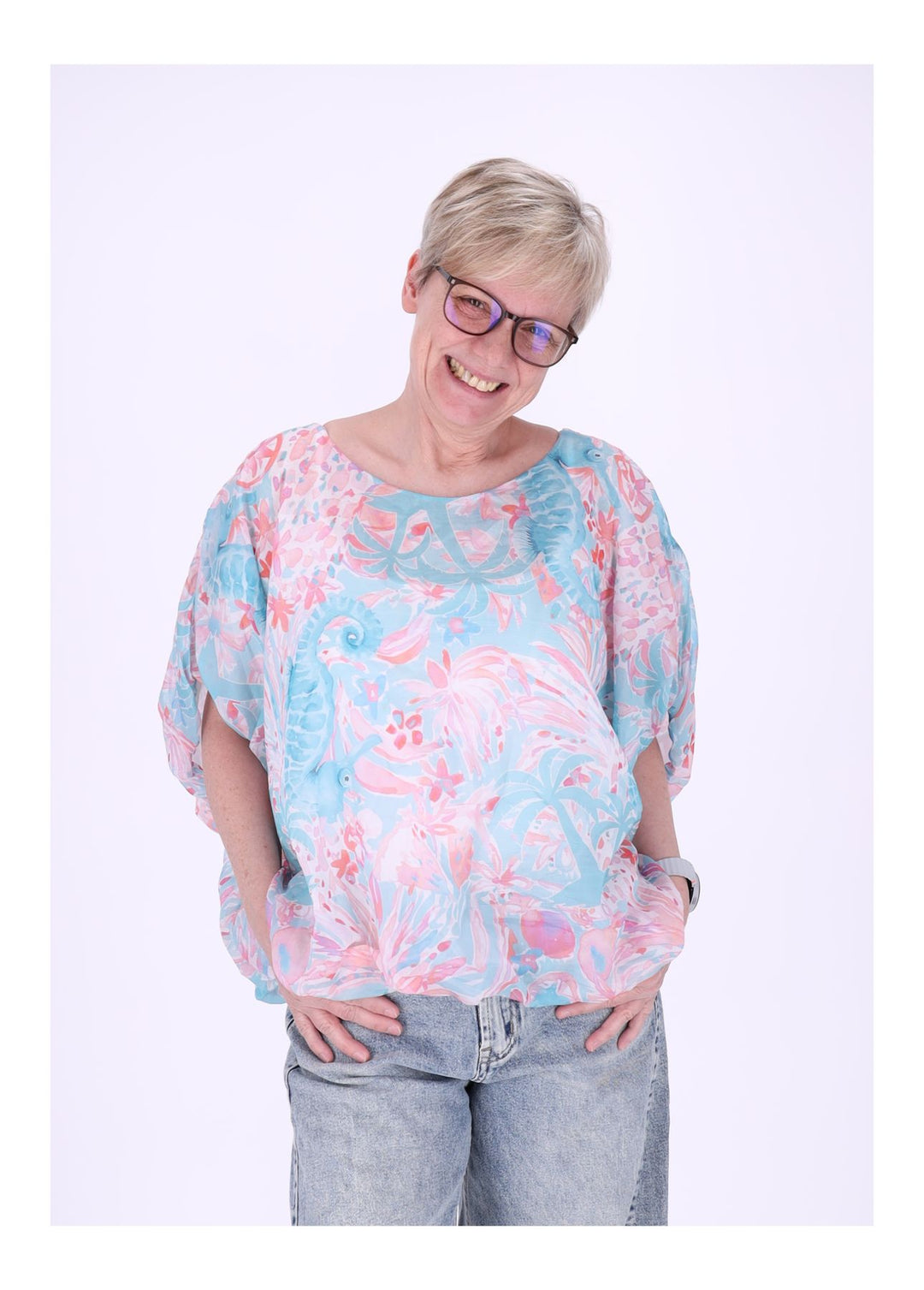 T-Shirt Damen Ballonschnitt AOP Seepferdchen