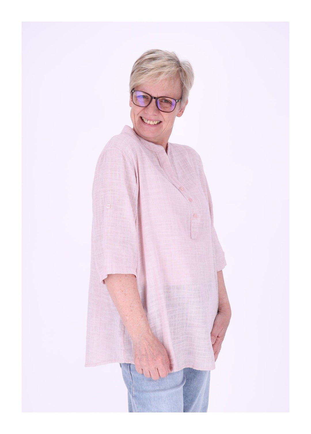 Blusenshirt Damen Stehkragen kurze Knopfleiste AOP