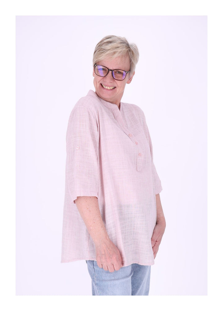 Blusenshirt Damen Stehkragen kurze Knopfleiste AOP