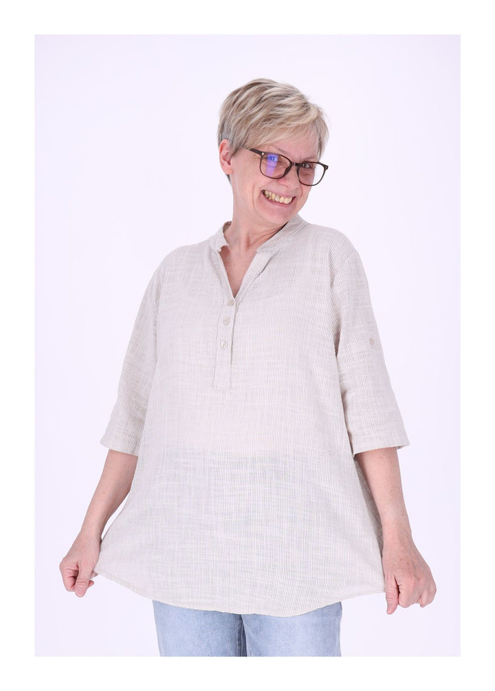 Blusenshirt Damen Stehkragen kurze Knopfleiste AOP