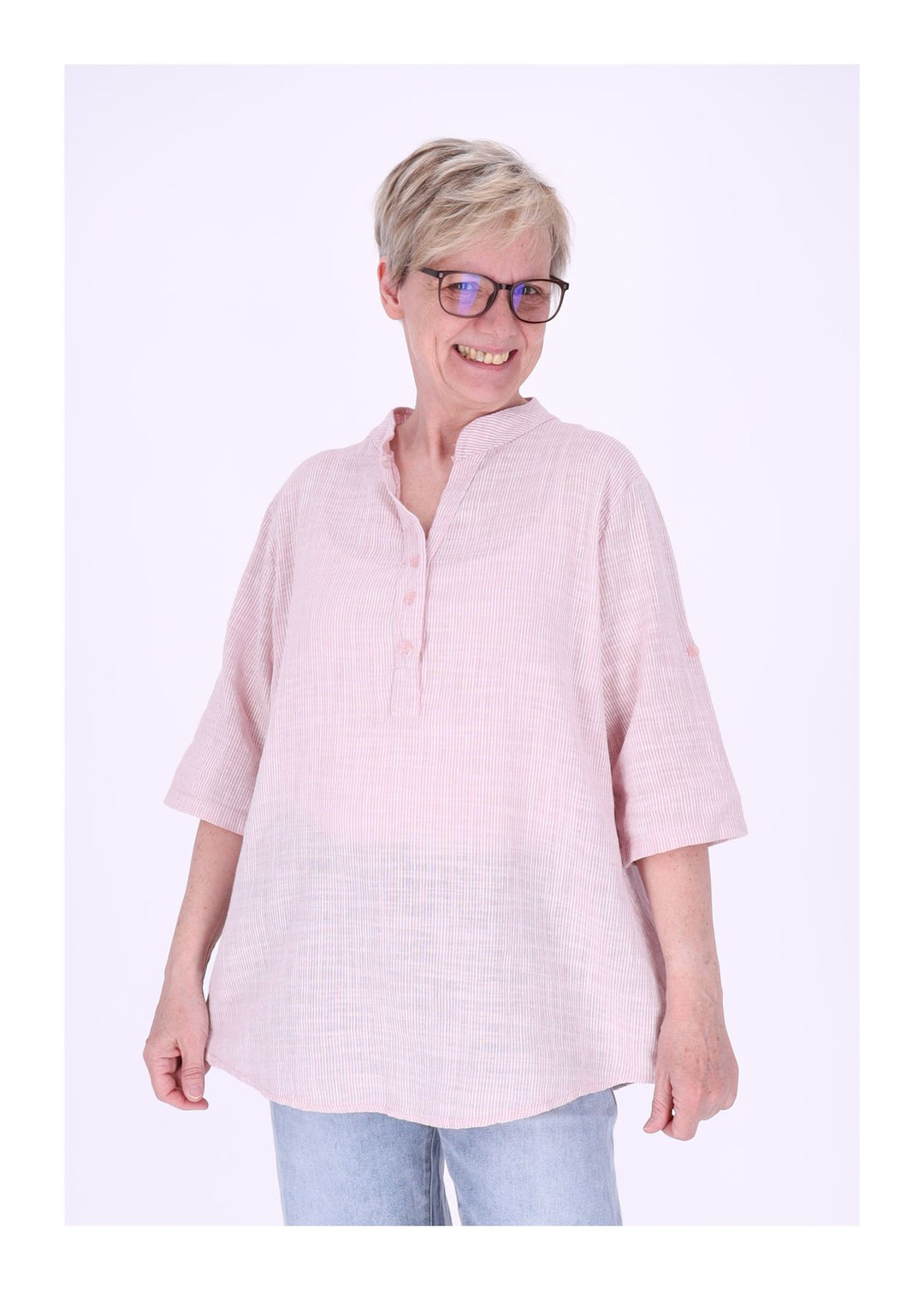 Blusenshirt Damen Stehkragen kurze Knopfleiste AOP