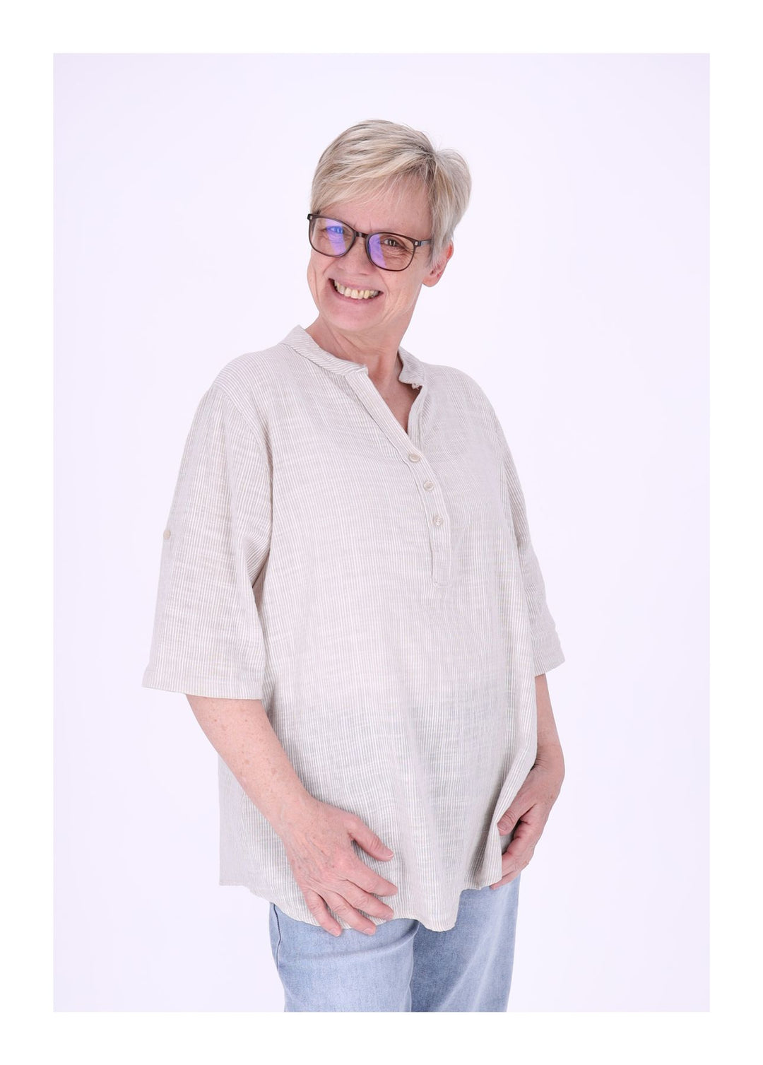 Blusenshirt Damen Stehkragen kurze Knopfleiste AOP