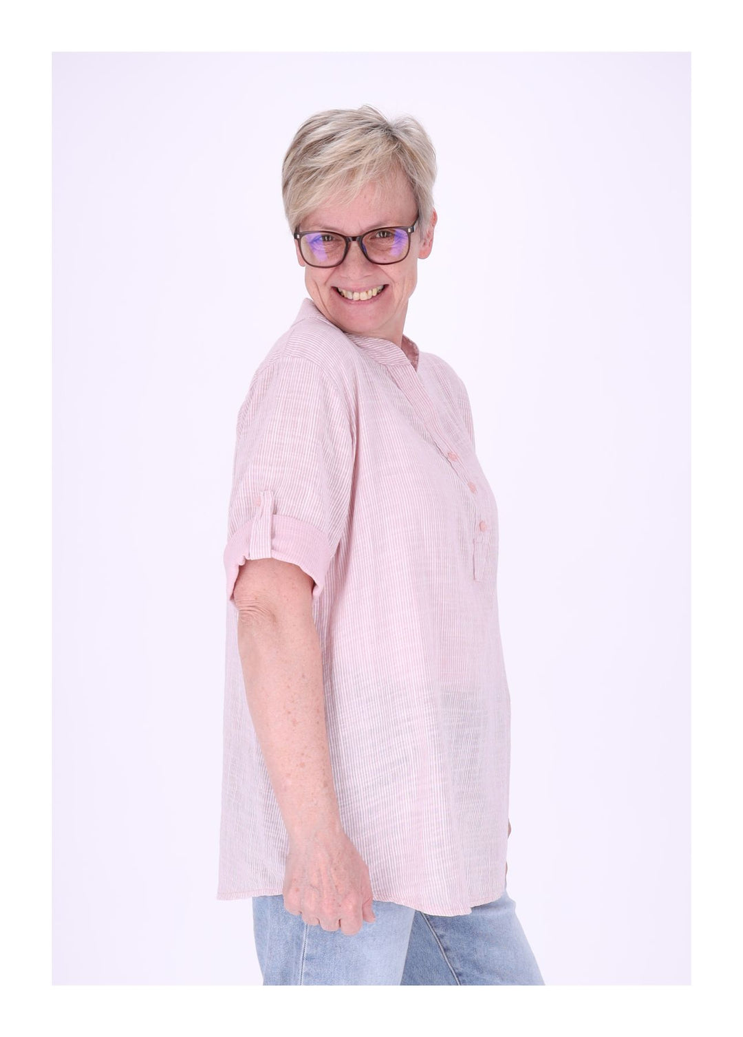 Blusenshirt Damen Stehkragen kurze Knopfleiste AOP