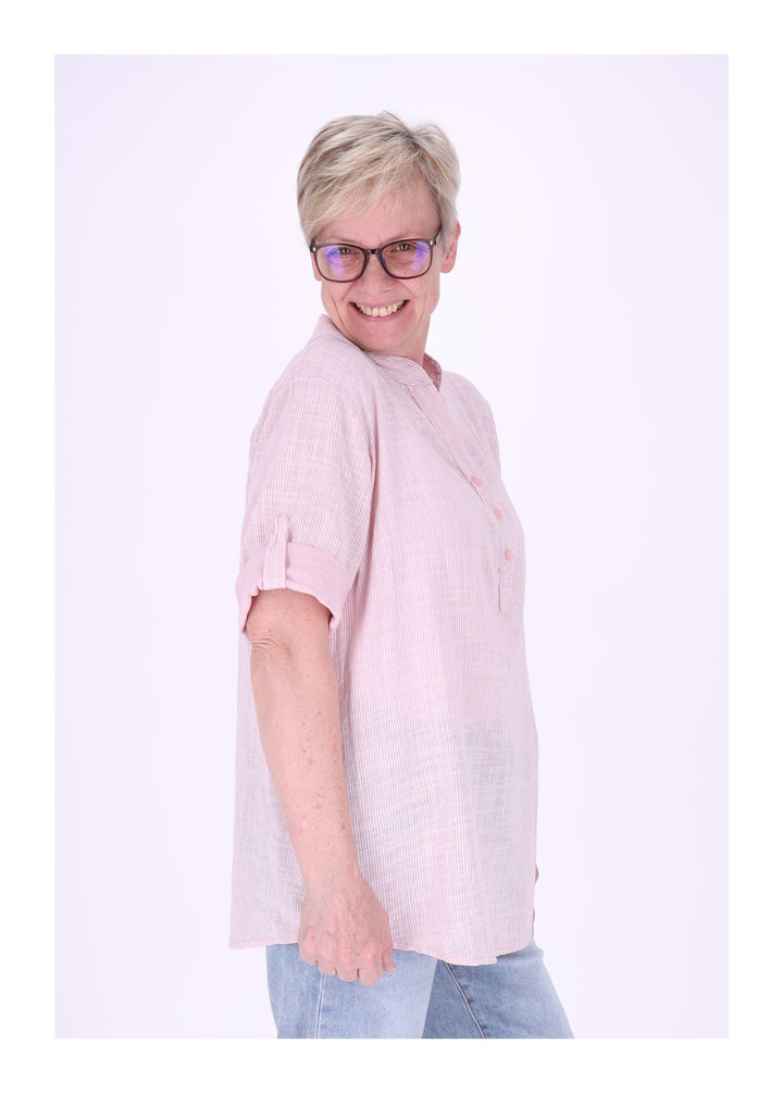 Blusenshirt Damen Stehkragen kurze Knopfleiste AOP