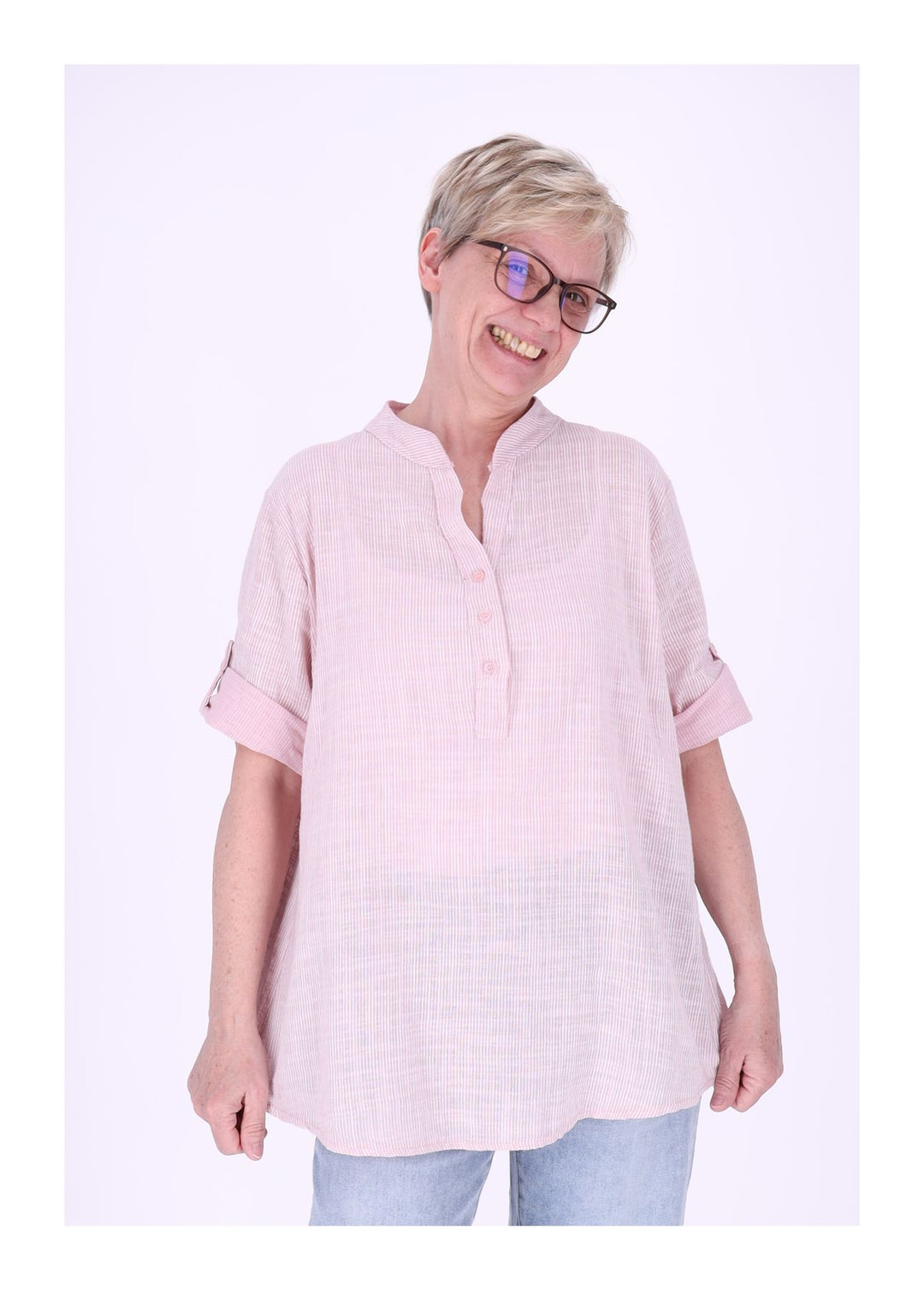 Blusenshirt Damen Stehkragen kurze Knopfleiste AOP