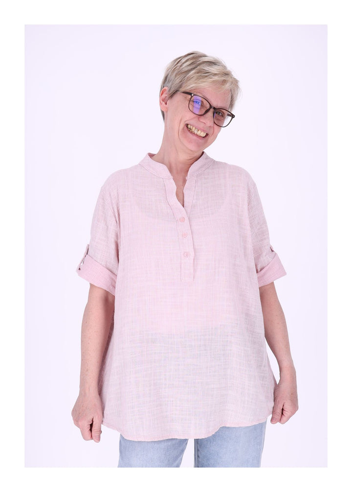 Blusenshirt Damen Stehkragen kurze Knopfleiste AOP