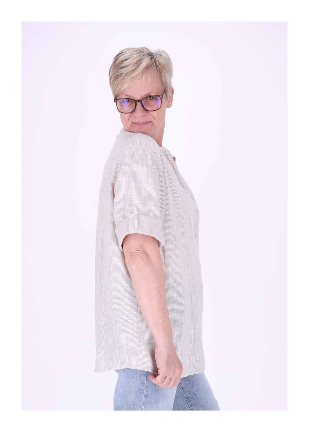 Blusenshirt Damen Stehkragen kurze Knopfleiste AOP