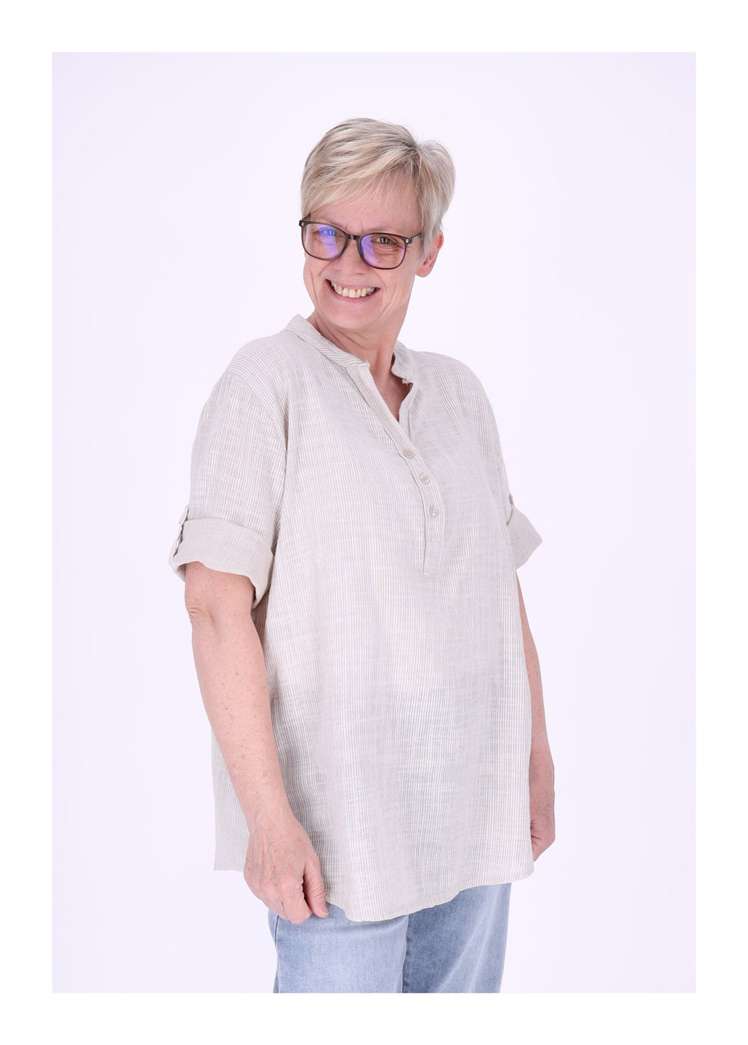 Blusenshirt Damen Stehkragen kurze Knopfleiste AOP