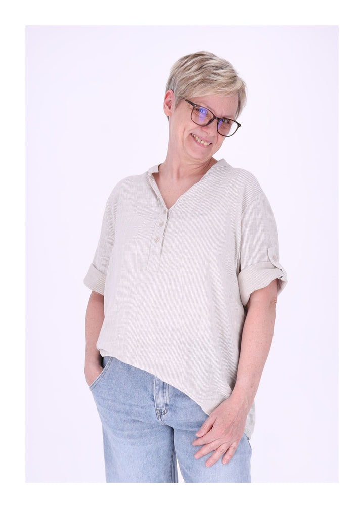 Blusenshirt Damen Stehkragen kurze Knopfleiste AOP