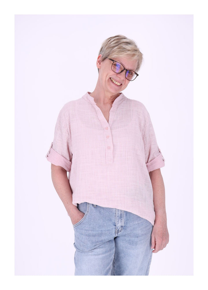 Blusenshirt Damen Stehkragen kurze Knopfleiste AOP