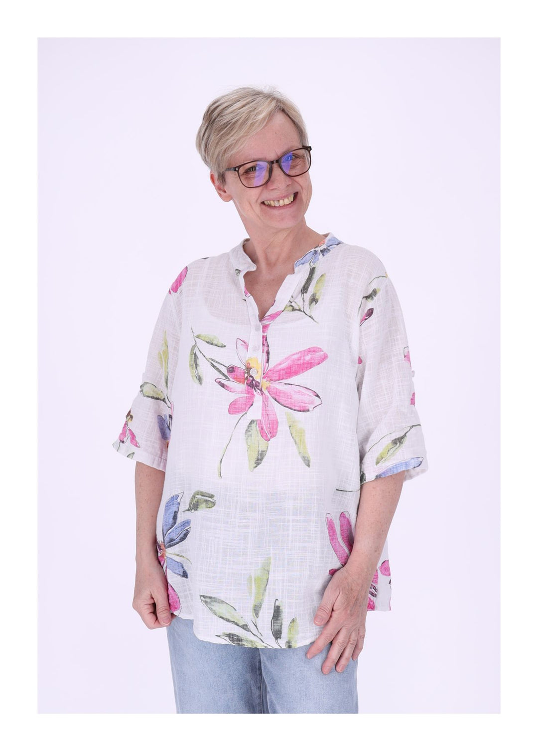 Blusenshirt Damen Stehkragen kurze Knopfleiste AOP