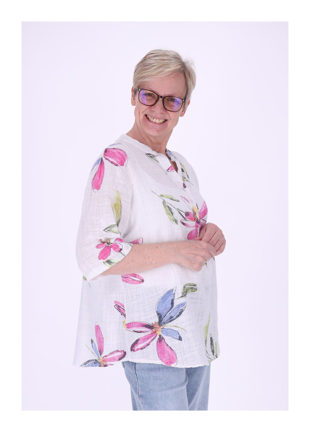 Blusenshirt Damen Stehkragen kurze Knopfleiste AOP