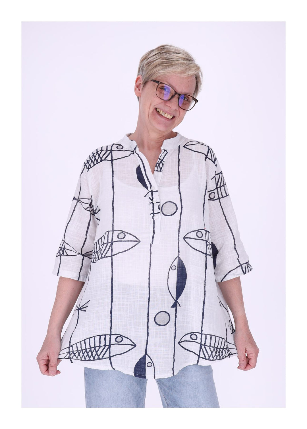 Blusenshirt Damen Stehkragen kurze Knopfleiste AOP